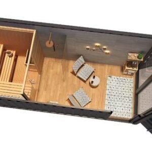 Saunacontainer von 15 m² mit „schlüsselfertigem“ Ruhebereich