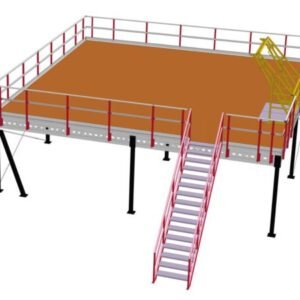 Lagerplattform 7x7m, Tragfähigkeit 500 kg/m², mit Treppe, Geländer und Übergabepunkt