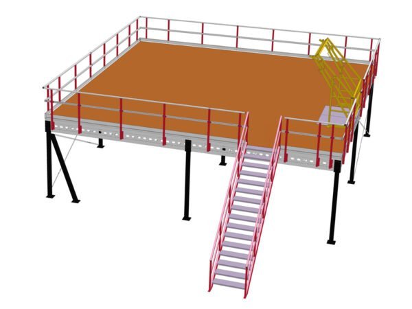 Lagerplattform 7x7m, Tragfähigkeit 500 kg/m², mit Treppe, Geländer und Übergabepunkt